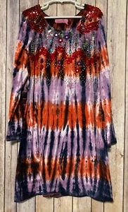 Haven Girl Tye Dye Long Sleeve Dress Beads Sequins Mirrors Large 14 L - Picture 1 of 3