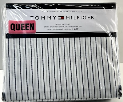 Tommy Hilfiger Queen Sheet Set White Blue Gray Stripe NEW - Image 1 of 4