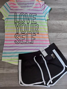 NWT Justice Girls Outfit Neon Striped Top/Dolphin Shorts Size 10 (7) - Picture 1 of 1