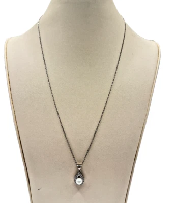 Elegant Teardrop Pendant Necklace With Synthetic Pearl & Rhinestones On Chain - Image 1 of 4