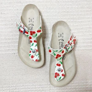 BIRKENSTOCK Papillio white with red cherry print Gizeh thong leather sandals 6 - Picture 1 of 5