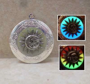 GLOW IN THE DARK Sun & Moon Round Silver Photo Locket Necklace Galaxy Space - Picture 1 of 3