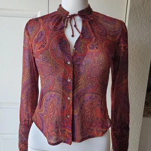 Cache Vintage Sheer Paisley Print Boho Long Sleeve Blouse - Picture 1 of 8