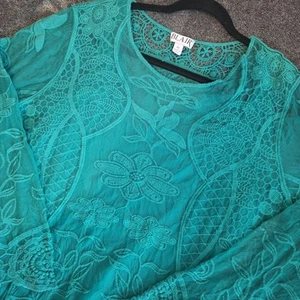 Vtg Blair Lace Crochet Blouse Womans XL Kelly Green Boho Cottage Festival - Picture 1 of 13