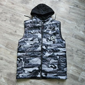 Ecko Unltd Mens Camo Puffer Vest Size Large Black Gray Hooded Lightweight NEW - Picture 1 of 12
