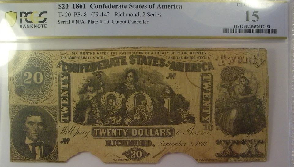 T-20 $20 1861 Confederate Currency CSA - Civil War - Graded PCGS 15 Choice Fine - Image 1 of 2