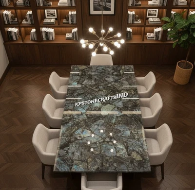 Mesa de comedor de piedra labradorita - Muebles de piedras preciosas hechos a mano - Cr iridiscente Foto 1 de 4
