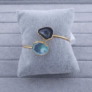 Women Day Sale Geode Druzy Yellow Gold Double Stone Bangle Adjustable Bangle - Picture 1 of 10