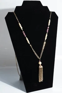 Vintage Jewelry Gold Tone Statement 38" Necklace Faux Pearls and Pink Gemstones - Picture 1 of 5