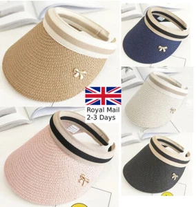 Girls Kids Summer Sun Visor Beach Hat Long Brim Straw Tennis Cap Festival - Picture 1 of 9
