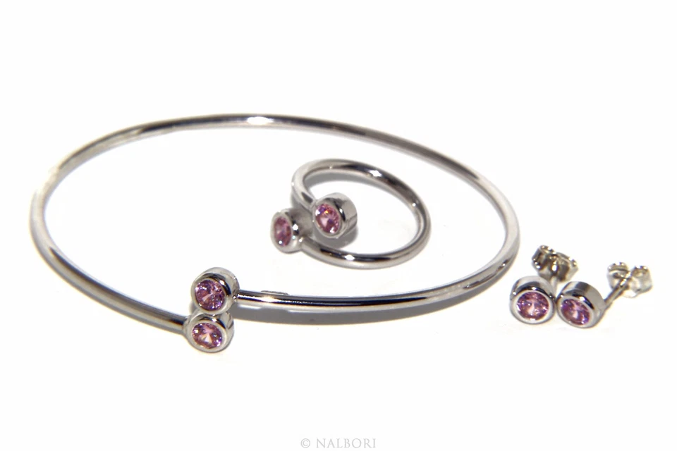 argento 925 orecchini bracciale anello contrariè zirconi naturali rosa rosaline - Immagine 1 di 1