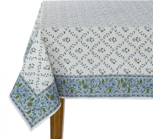 Blue Block Print Table Cloths 100% Cotton 60 Inch X 60 Inch Decorative Washable - Picture 1 of 9