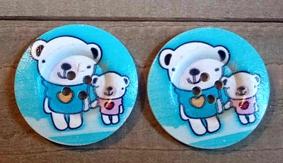 2 Polar Bear Sewing Buttons Crafting Round Wood 4 Hole 1.5"  - Image 1 of 2