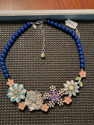 Lia Sophia Necklace Statement Floral Enamel Rhinestone Blue Beads  - Image 1 of 4