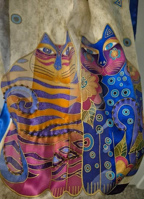 Bufanda de seda vintage Laurel Burch Indigo Cats para mujer con cuentas lentejuelas Foto 1 de 4