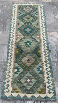 Vintage Handwoven Veg Dye Afghan Chobi Kilim Flatweave Runner Rug 2x6 ft - Image 1 of 4