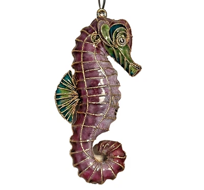 Vtg Cloisonne Enamel SEA HORSE Ornament Purple Green Gold Trim Decorative Art - Image 1 of 4