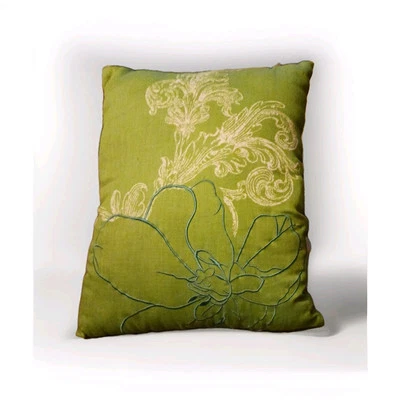 Vtg throw pillow Floral embroidered green Blue  Decorative Button Cotton Linen - Image 1 of 3