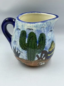 Mexican Folk Art Pottery Creamer Pitcher Cactus Desert Scene Motif 5.5x5” - Picture 1 of 6