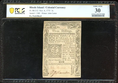 1775 Colonial Currency Rhode Island 3 Shillings Note RI-212. PCGS 30 Detail (VF) - Image 1 of 2