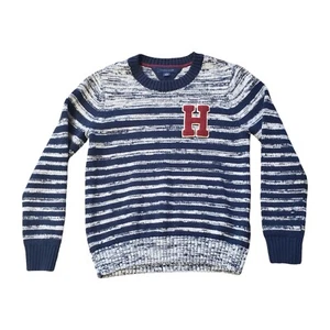 Tommy Hilfiger Knit Sweater Blue White Striped Size M 8-10 Youth Crewneck - Picture 1 of 10