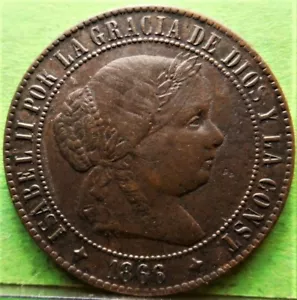 ISABEL II, 2/5 Centimos de Ecudo, 1866, JUBIA OM, Aureo $ Calico.-235, MBC+, Cu - Bild 1 von 2