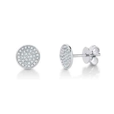 14K White Gold Diamond Circle Stud Earrings Disc Pave Set Natural 0.17 CT Round - Image 1 of 4