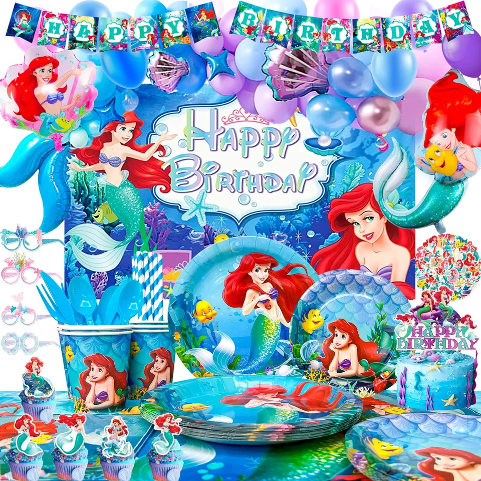 INBOXXARTY The Little Mermaid Party Decorations Ariel Party Supplies Plates Cups Balloons