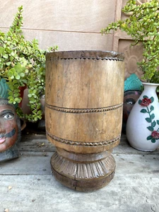 1700's Ancient Wooden Big Size Indian Spices Grinding Mortar Ukhal Pot Planter - Picture 1 of 21