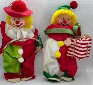 SET/2 CLOWN VINTAGE CHRISTMAS ORNAMENTS RUSS BERRIE #2129 HULA HOOP & PRESENT - Picture 1 of 6