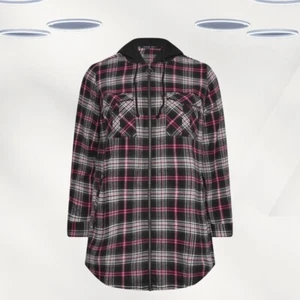 Ex Women's Long Sleeve Check Print Hooded Shirt in Pink - Picture 1 of 5