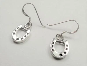 STERLING SILVER LUCKY HORSESHOE EQUESTRIAN HORSE RIDING ANIMAL DANGLING EARRINGS - Picture 1 of 5