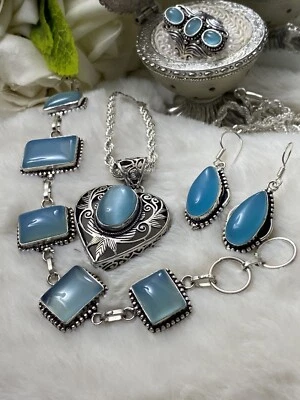 💝Collar, pendientes, pulsera, anillo de plata 925, calcedonia azul/7,5 Foto 1 de 4