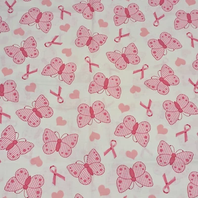 Cotton Fabric 18"x45" Pink Ribbon Breast Cancer Awareness Butterflies Hearts - Image 1 of 4