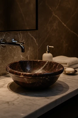 Lavabo de baño redondo de piedra pulida Rosso Levanto de mármol Foto 1 de 4