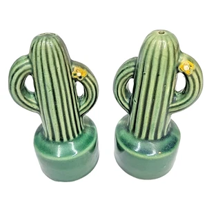 Saguaro Cactus con Flores Amarillas Cerámica Pesada Vintage Años 50 Salero y Pimentero - Imagen 1 de 4