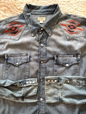 Ralph Lauren Polo Denim Southwestern Cowboy Western Aztec Patchwork Snap Shirt - Image 1 of 4