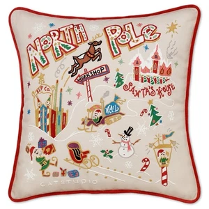 NEW CATSTUDIO Christmas North Pole Hand Embroidered Accent Pillow 20” MSRP $225! - Picture 1 of 24