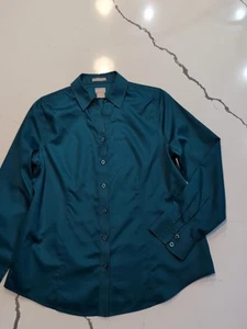 Chicos Womens No Iron Shirt Button Top Teal Green Cotton Long Sleeve Size 0 - Picture 1 of 9