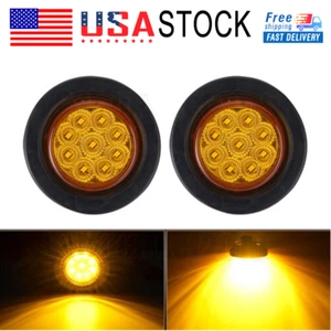 2X Amber 2 inch 9 LED Round Truck Trailer Side Marker Clearance Light w/ Grommet - Picture 1 of 19