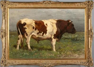Antico dipinto olio fatto a mano vecchio maestro-arte ritratto animale mucche su tela - Foto 1 di 2
