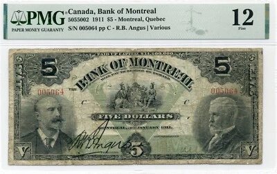 1911 $5 Bank of Montreal - Fine, PMG F 12, Rare Issue - Image 1 of 2