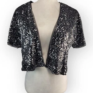French Connection Silver Sequins On Black Chiffon Bolero Jacket Women's Size M - Picture 1 of 6