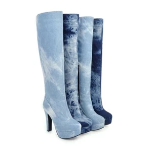 Womens Shoes Denim Platform High Block Heels Zip Up Knee Long Boots UK Size b032 - Picture 1 of 16