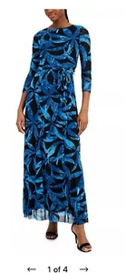 Anne Klein Mesh Maxi Dress Size XS-4 Gorgeous Black Blue Print 3/4 Sleeve - Picture 1 of 4