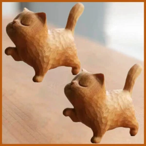 2pcs Cat Statues Home Decor Wooden Sculpture Hand Carved Craft Cute Cat Statue - Picture 1 of 6