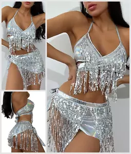 Womens Bikini Ibiza Set Size L Size - 3 Piece Thong Skirt Top Sexy Skimpy Rave - Picture 1 of 8