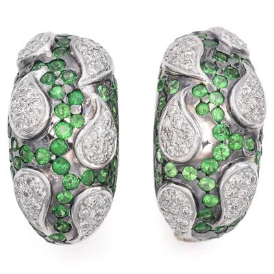 Estate 18K White Gold Green Garnet and Diamond Omega-Back Earrings - Image 1 of 4