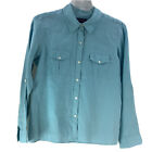CHARTER CLUB Linen Shirt Women's Size 12 Button Up Roll Tab Sleeve Blue 