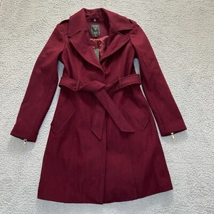Guess Coat Womens Small Burgungy Single Breasted Belted Lined Zip Sleeves Snap - Picture 1 of 18